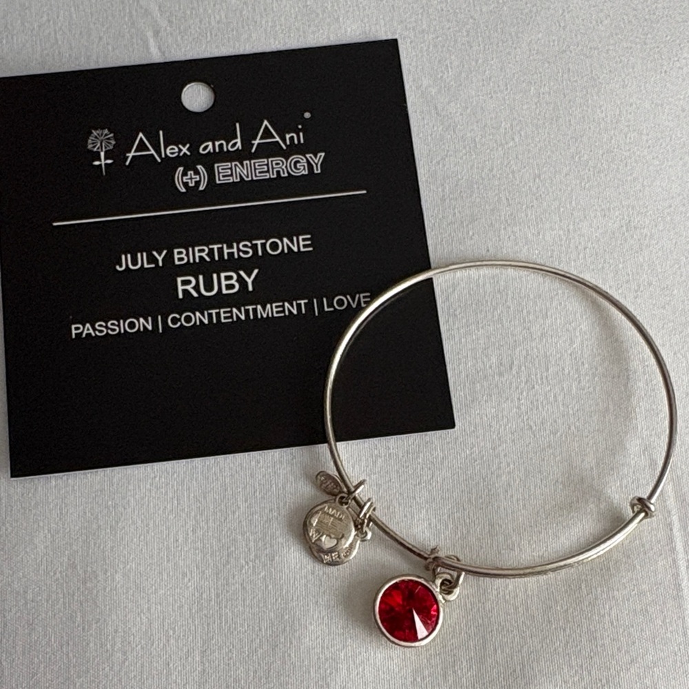 Alex and Ani Silver Bangle with Red Ruby Charm for July Birthstone